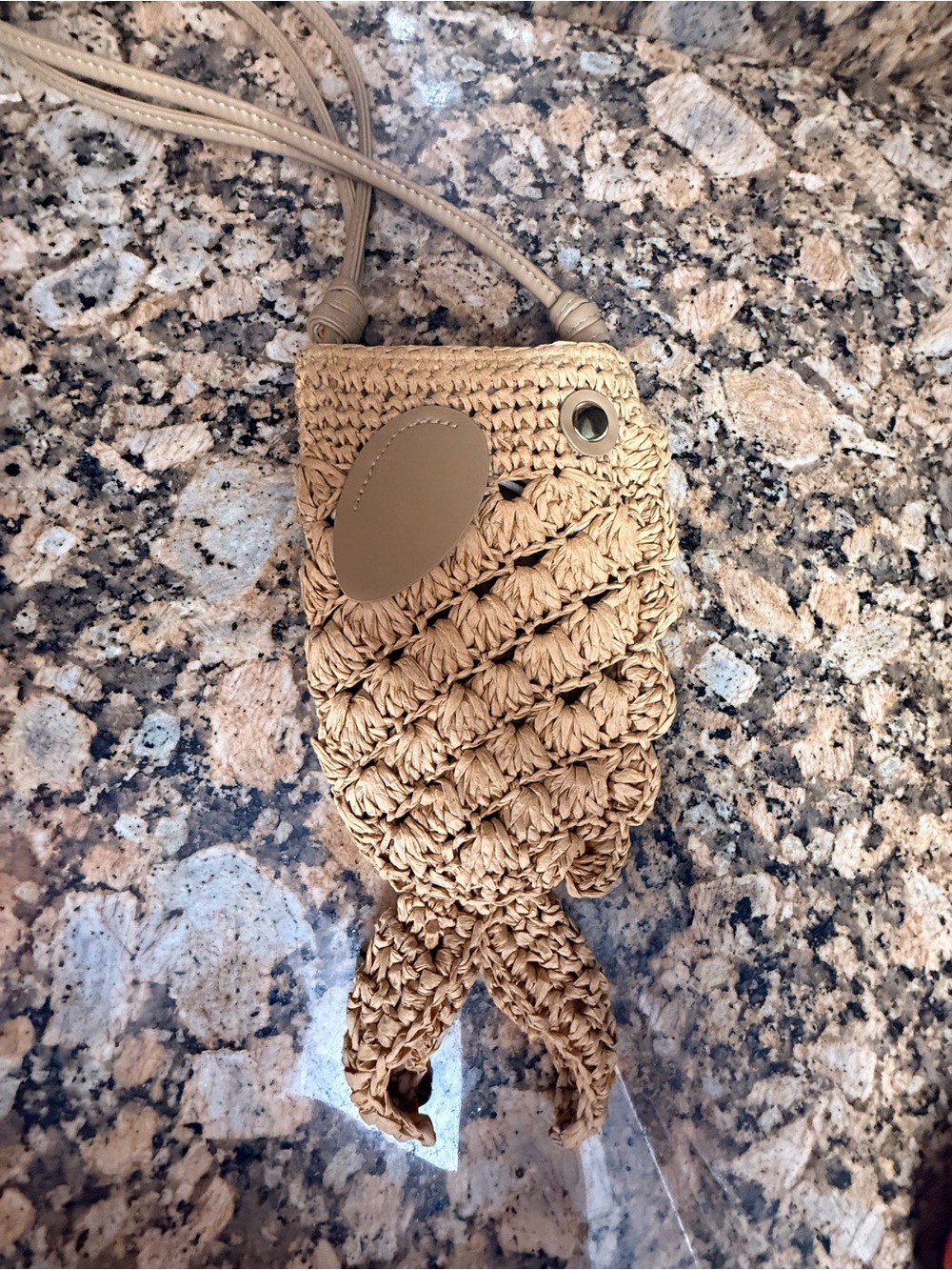 A New Day Beige Raffia Fish Crossbody Bag with Drawstring EUC